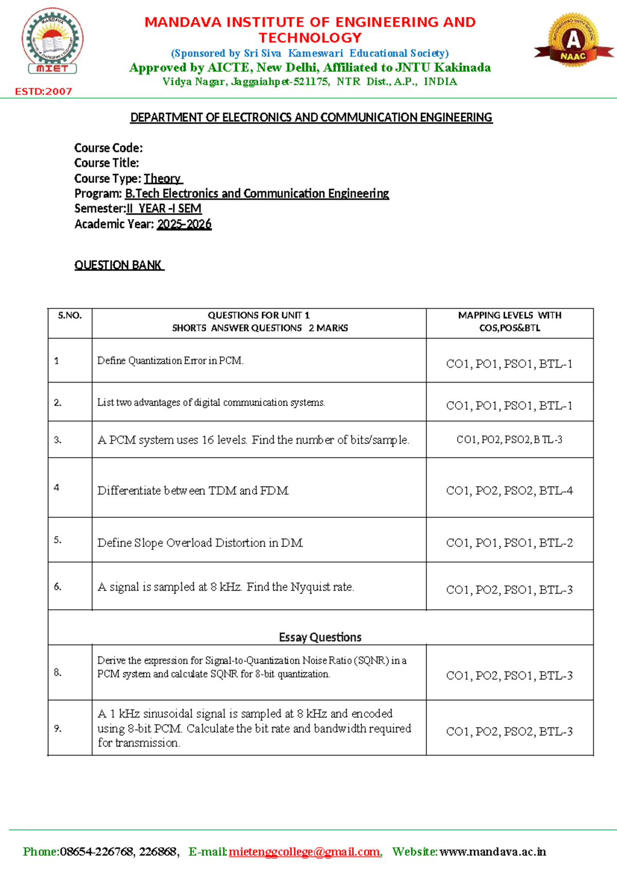Question Bank for B.Tech ECE II Sem (Course Code: 3-1 DC) - Studocu