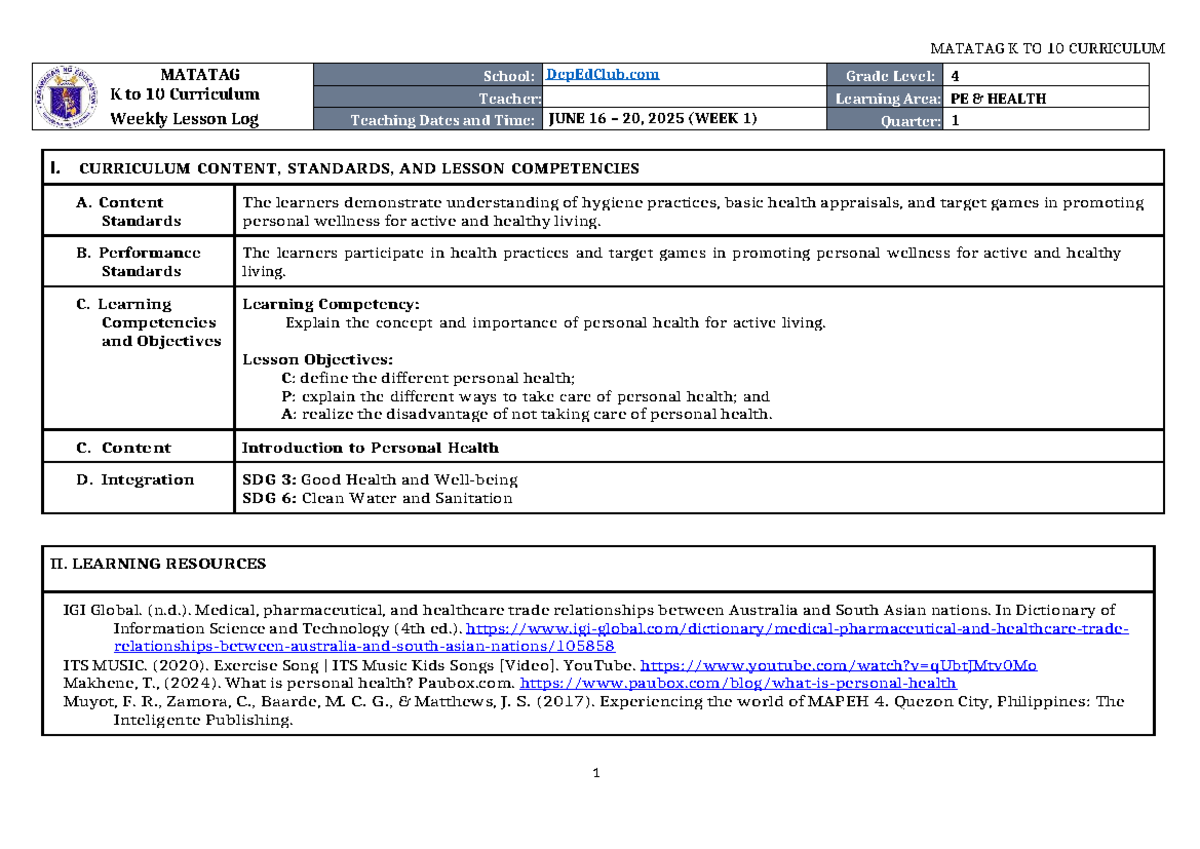 DLL Matatag PE & Health 4 Q1 Week 1 Lesson Log - Studocu