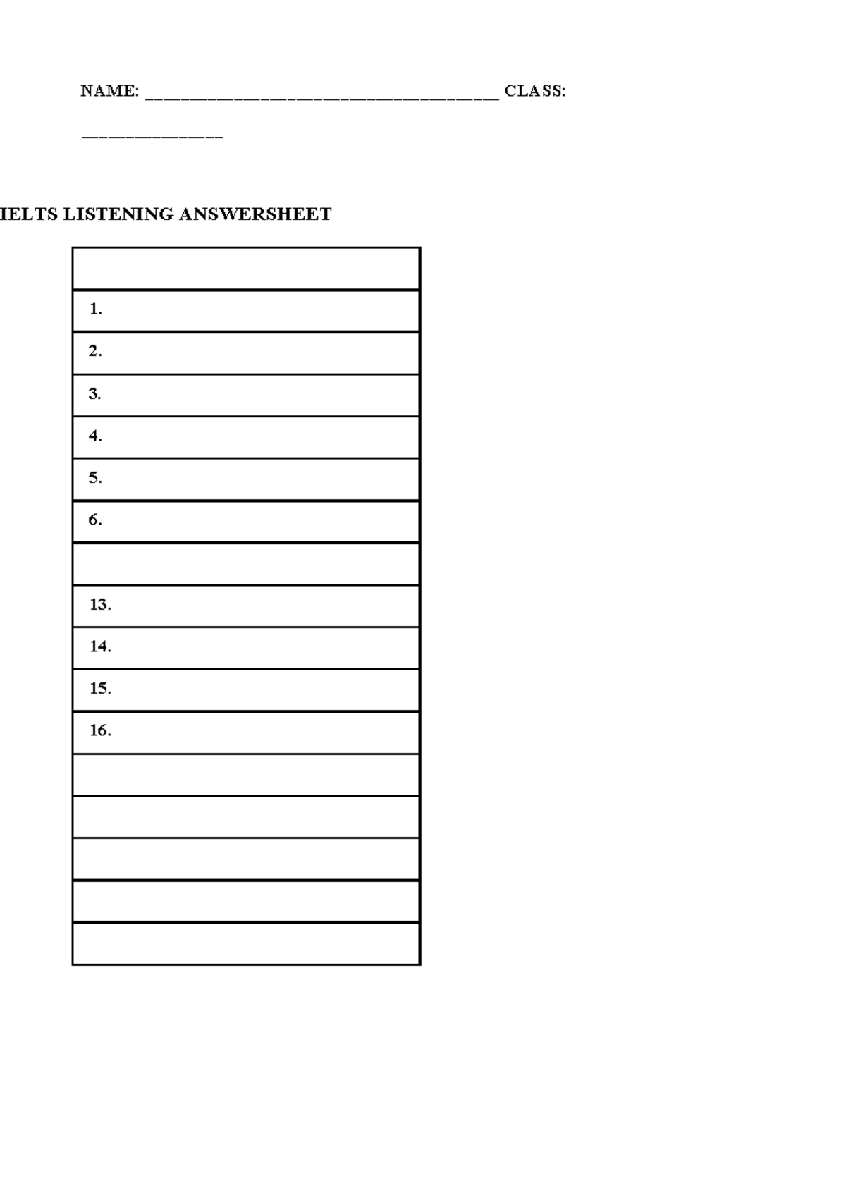 Pre- Ielts Listening Answersheet - english - NAME