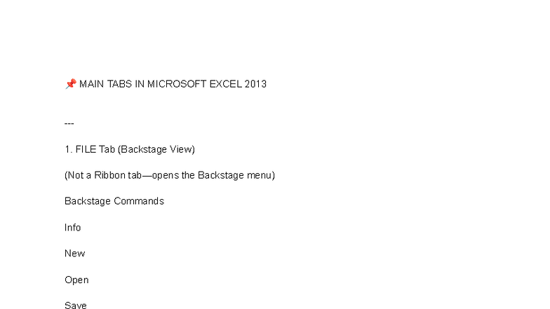 Excel 2013: Main Tabs Overview and Backstage Commands - Studocu