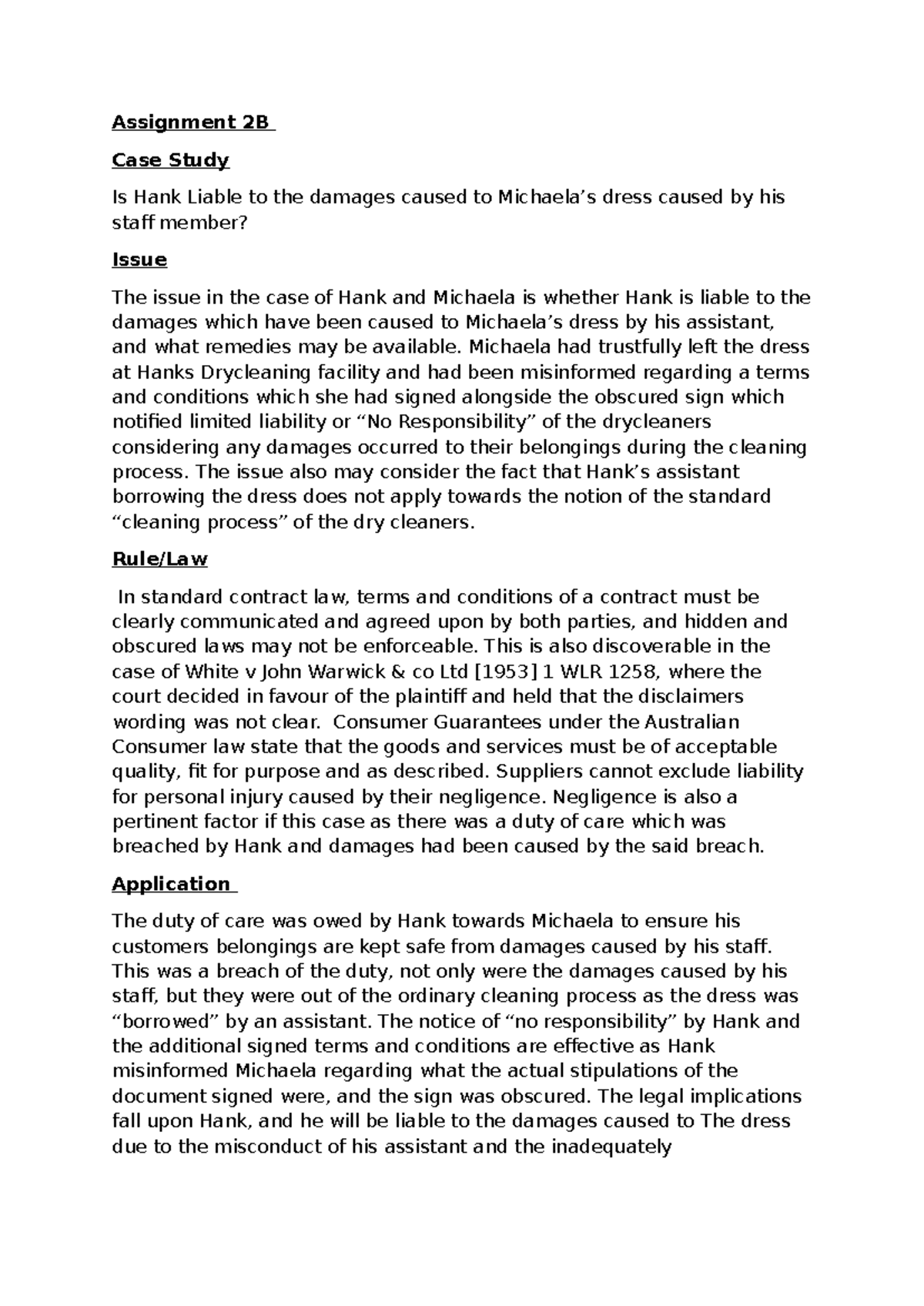 Assignment 2B - Assignment 2B Case Study Is Hank Liable to the damages ...