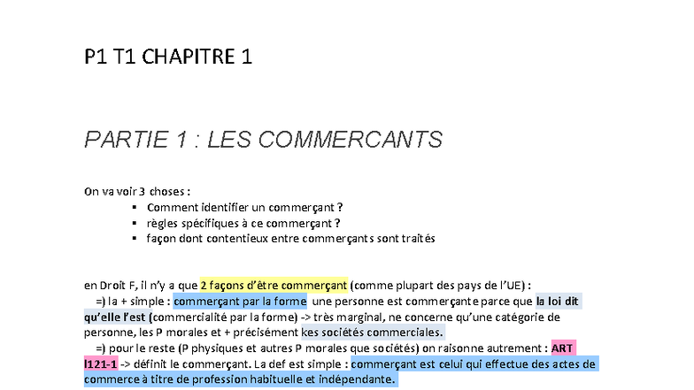 P1 T1 Chapitre 1 : Le Statut et les Actes des Commerçants - Studocu
