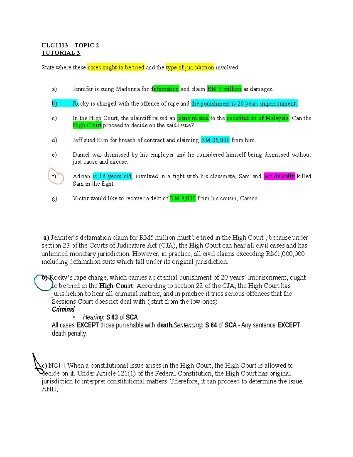 TUT 3 - Topic 2 Jurisdiction Practice Questions and Case Analysis - Studocu