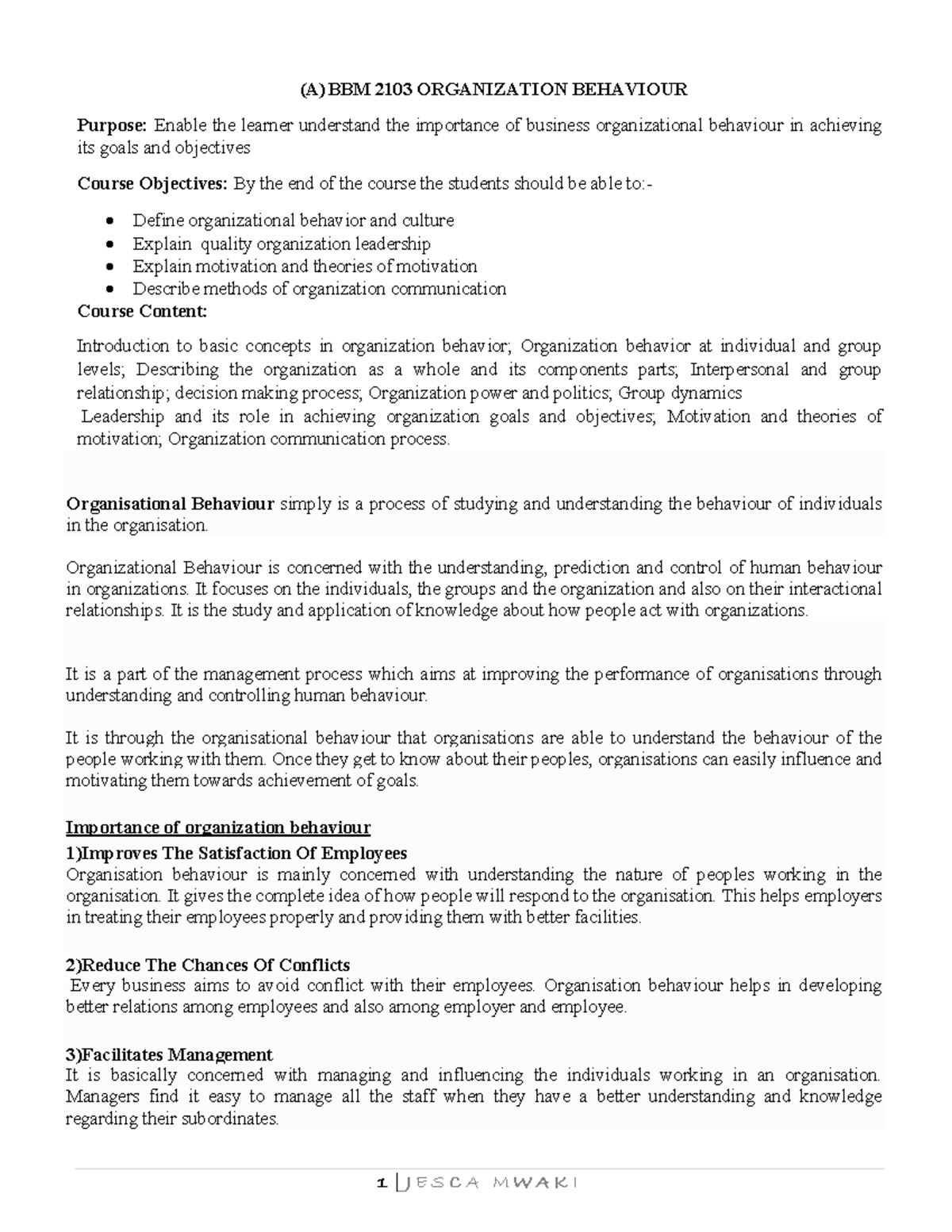 (A) BBM 2103 Organizational Behaviour: Understanding Human Dynamics in ...