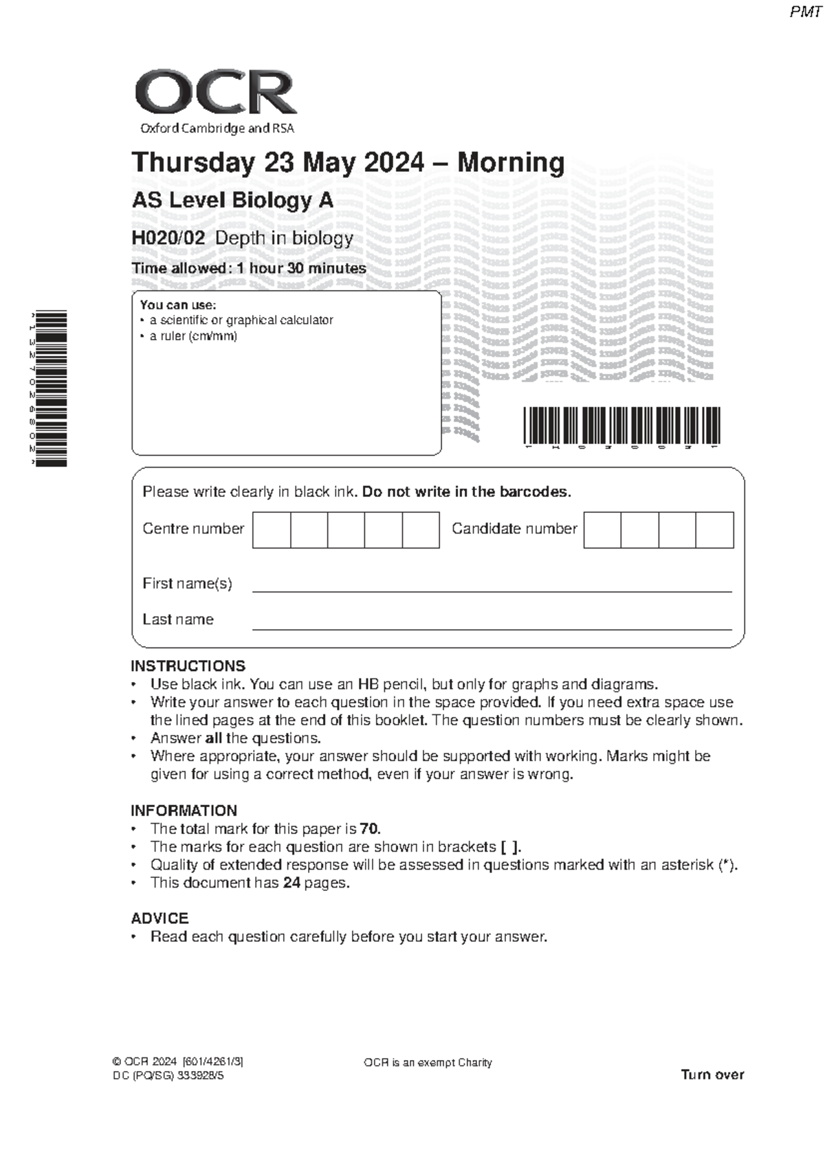 June 2024 QP - Paper 2 OCR (A) AS Level Biology Exam - Studocu