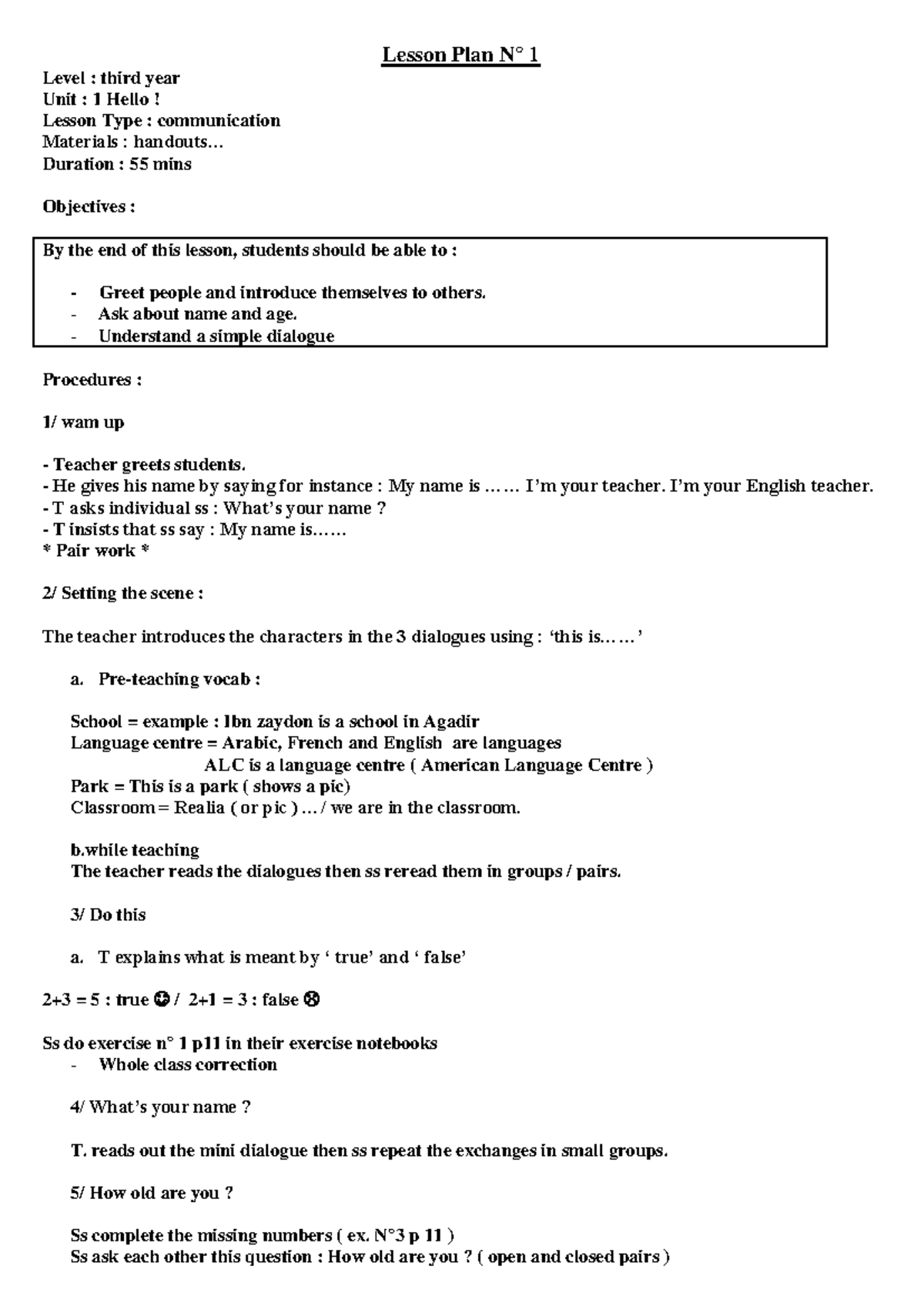 Communication Lesson Plan - Unit 1: Hello! (3rd Year) - Studocu