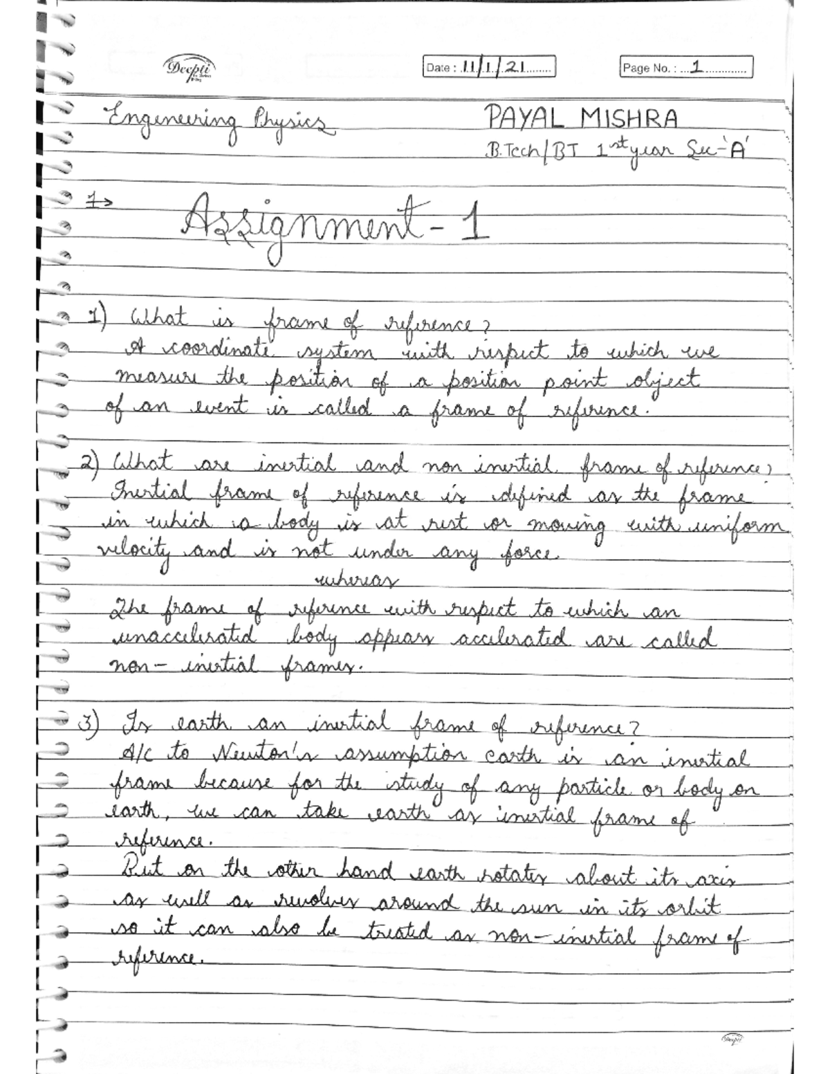 Phy assignment-1 - Lecture notes - Deepli Date : Page No. : 1 Writing ...