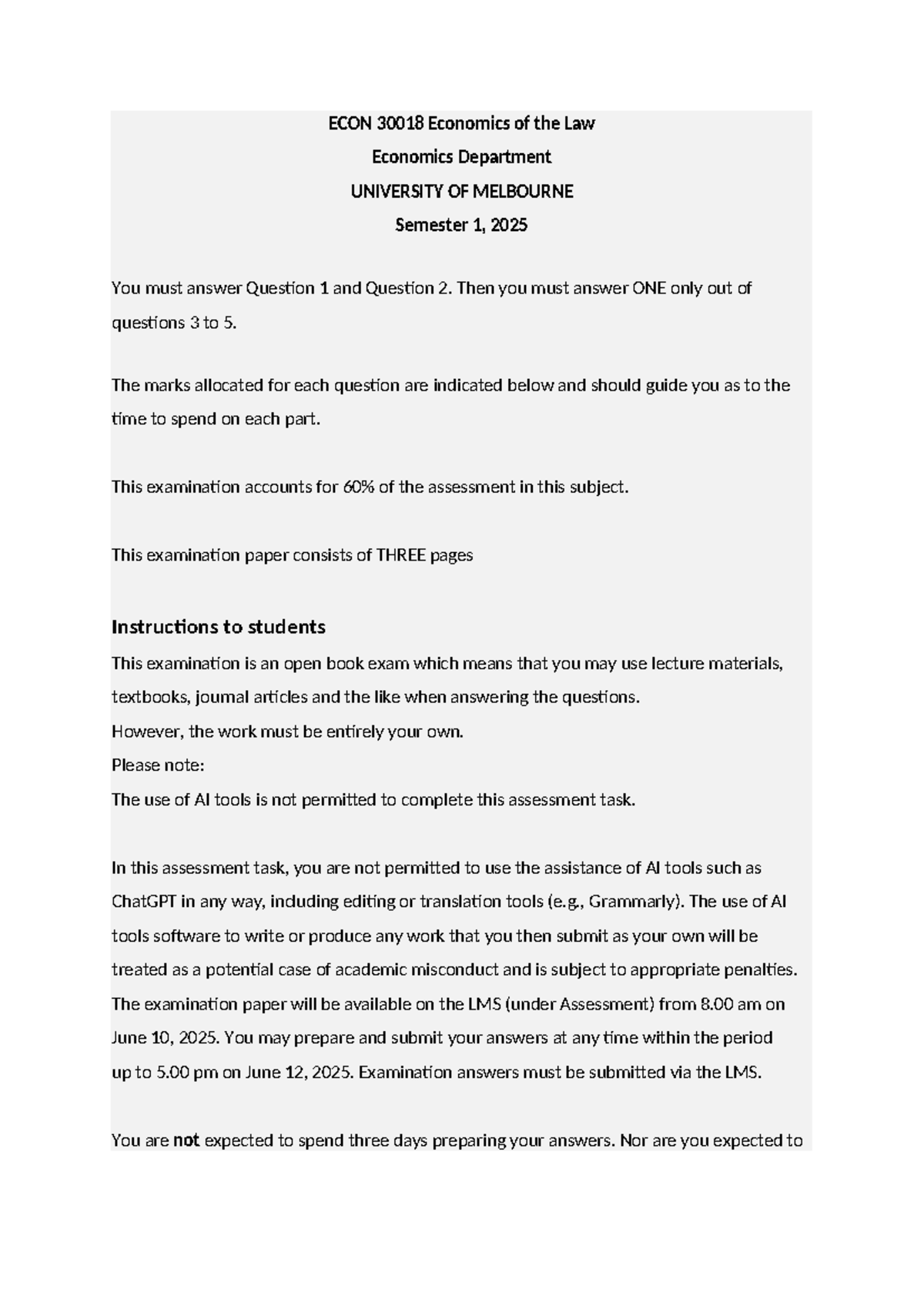 ECON 30018 2025 Semester 1 Final Exam - Economics of the Law - Studocu
