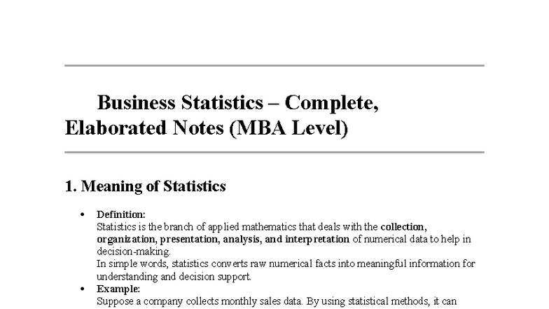 Business Statistics (MBA) - Comprehensive Unit One Notes - Studocu