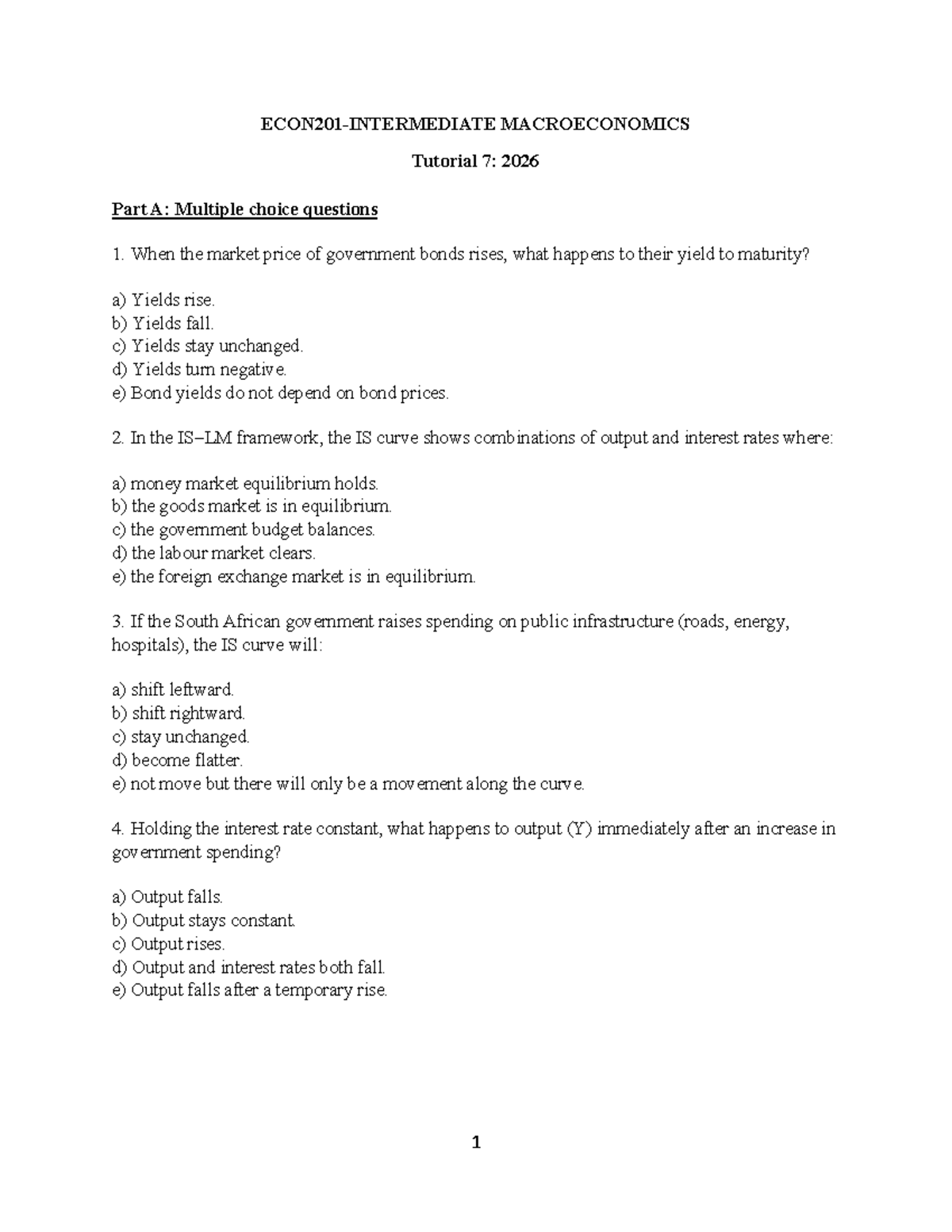 ECON201 Tutorial 7: Macroeconomics Multiple Choice Questions - Studocu
