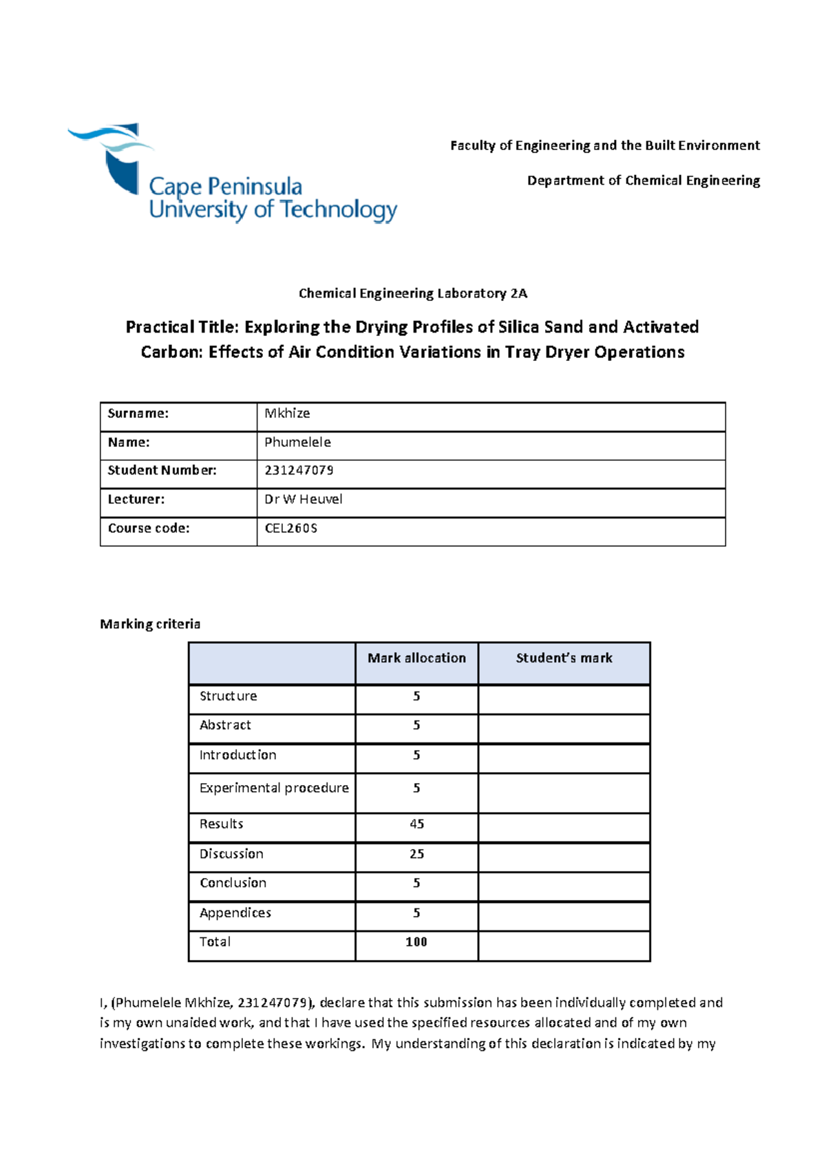 Drying Profiles of Silica Sand and Activated Carbon (CEL260S Practical ...