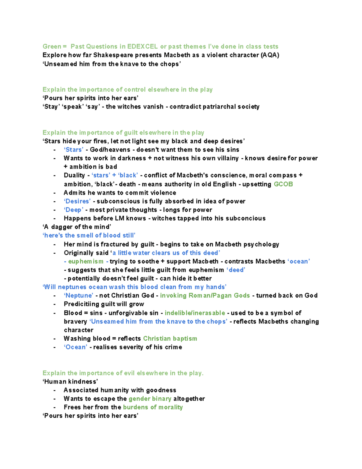 Essay Plans for Macbeth (AQA) - Themes, Characters, and Analysis - Studocu