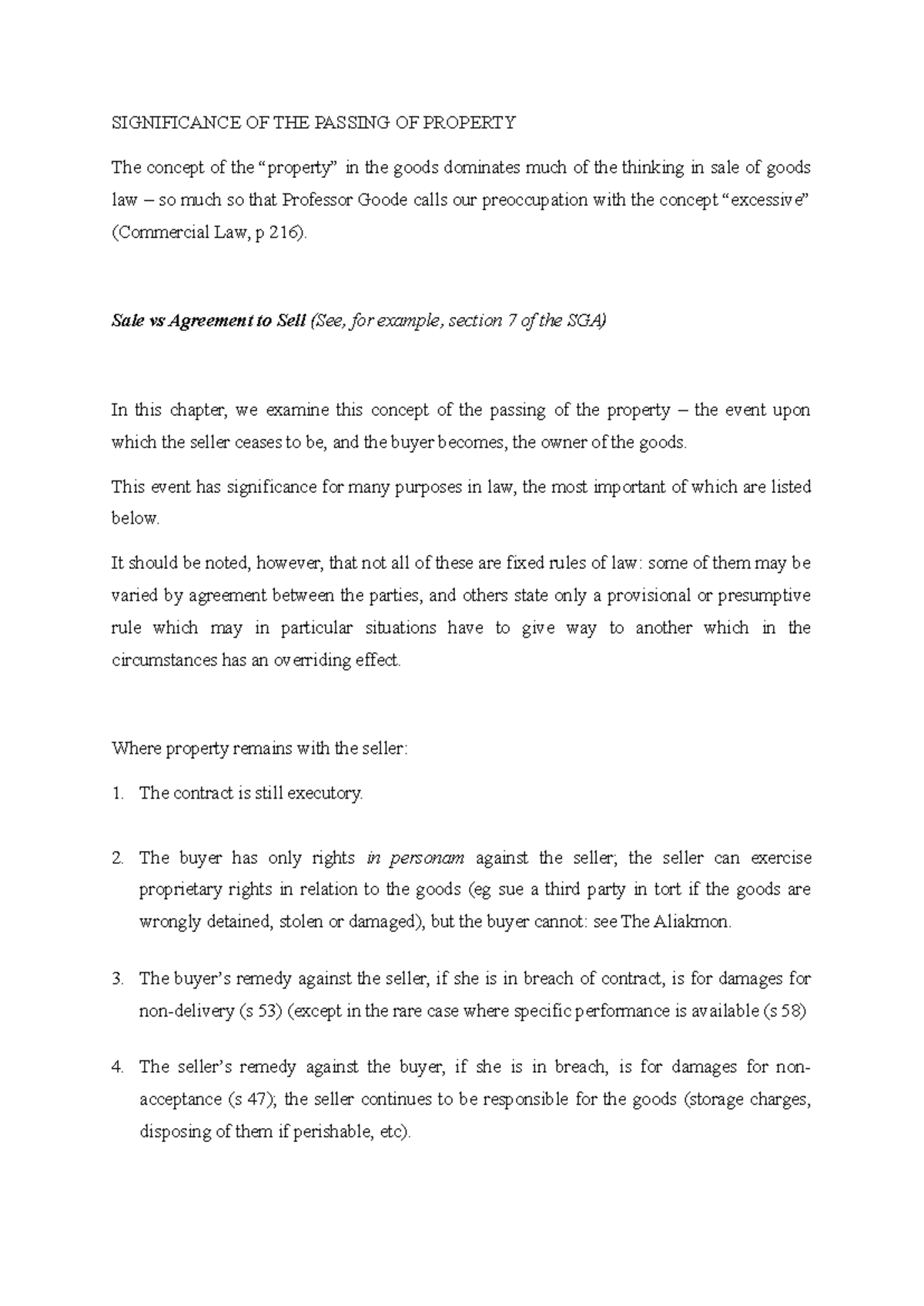 Passing of Property and Risk in Sale of Goods Law (Commercial Law ...
