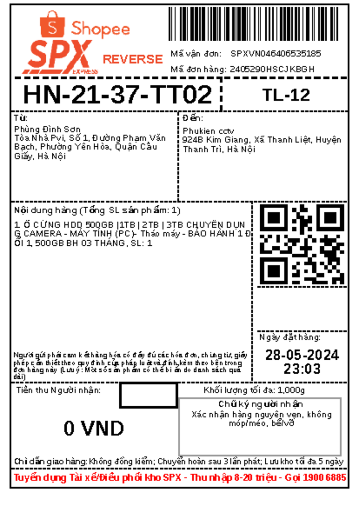 Get return label - Test - Nội dung hàng (Tổng SL sản phẩm: 1) Khối ...