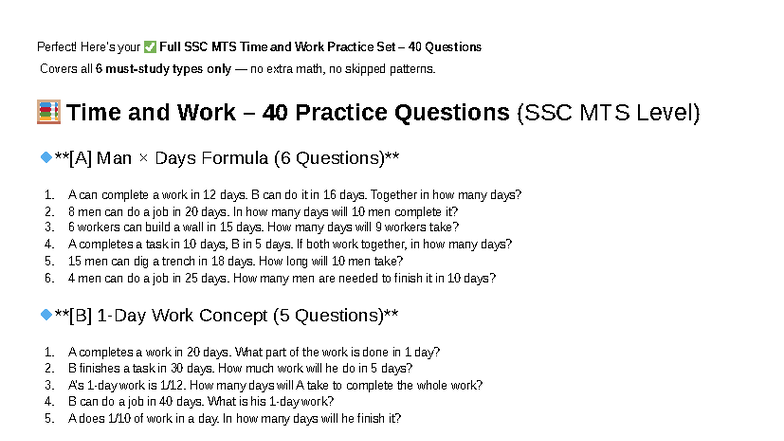 TIME AND WORK Practice Set for SSC MTS: 40 Questions - Studocu