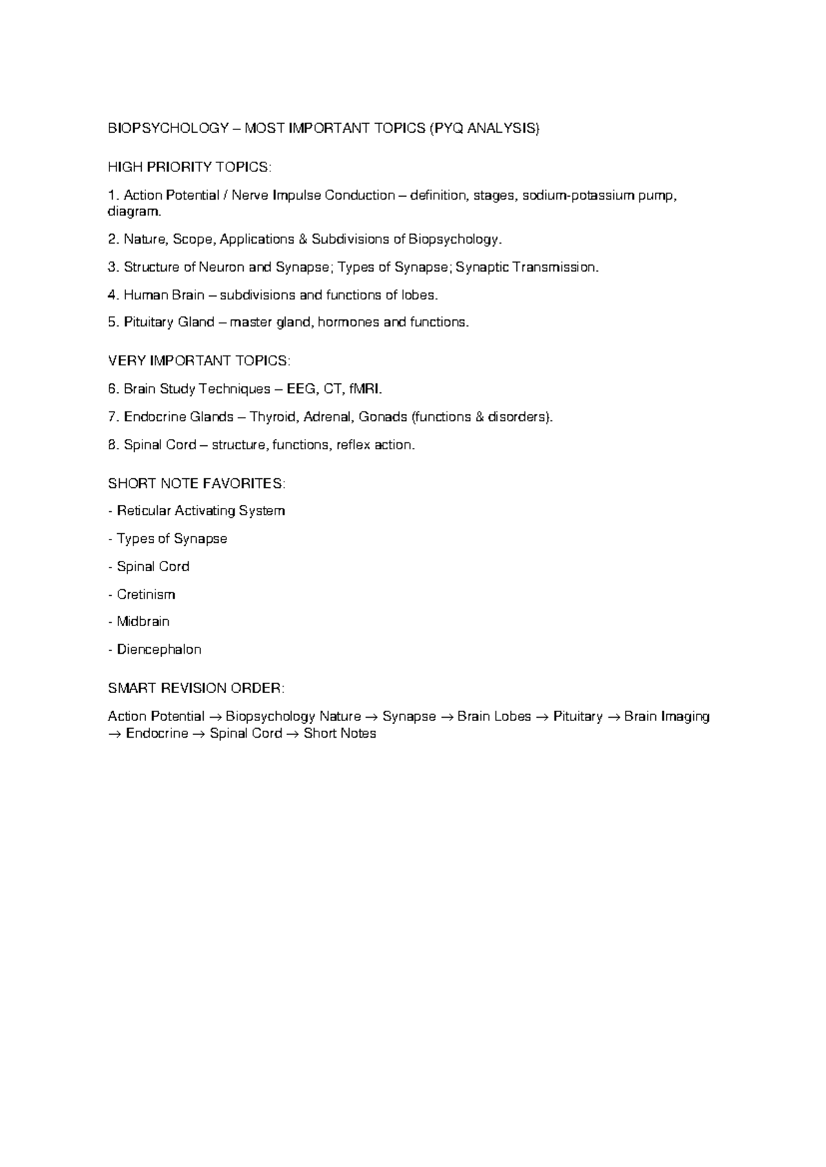 Biopsychology PYQ Analysis: Key Topics & Revision Guide - Studocu