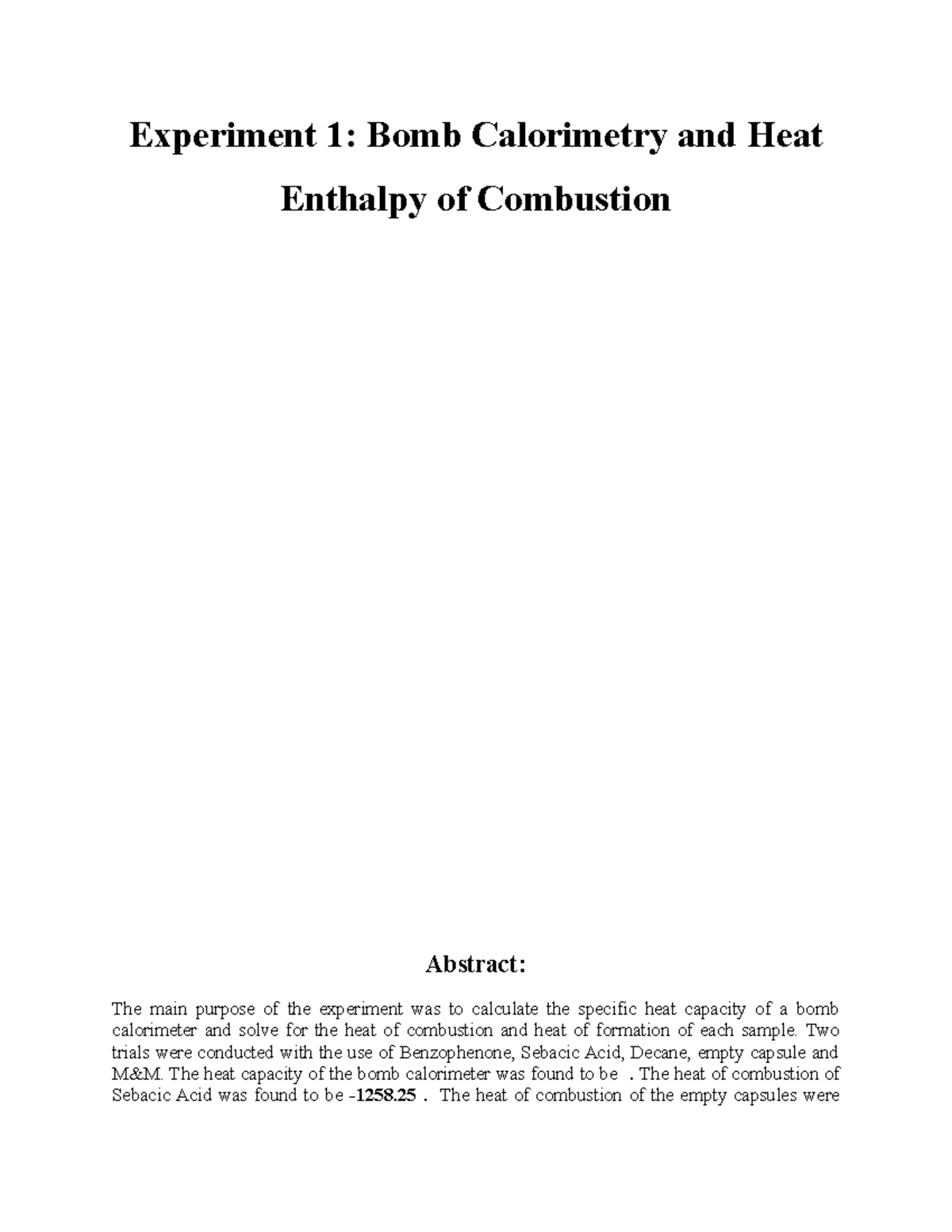 Lab Report: Experiment 122 - Heat of Combustion and Calorimetry - Studocu