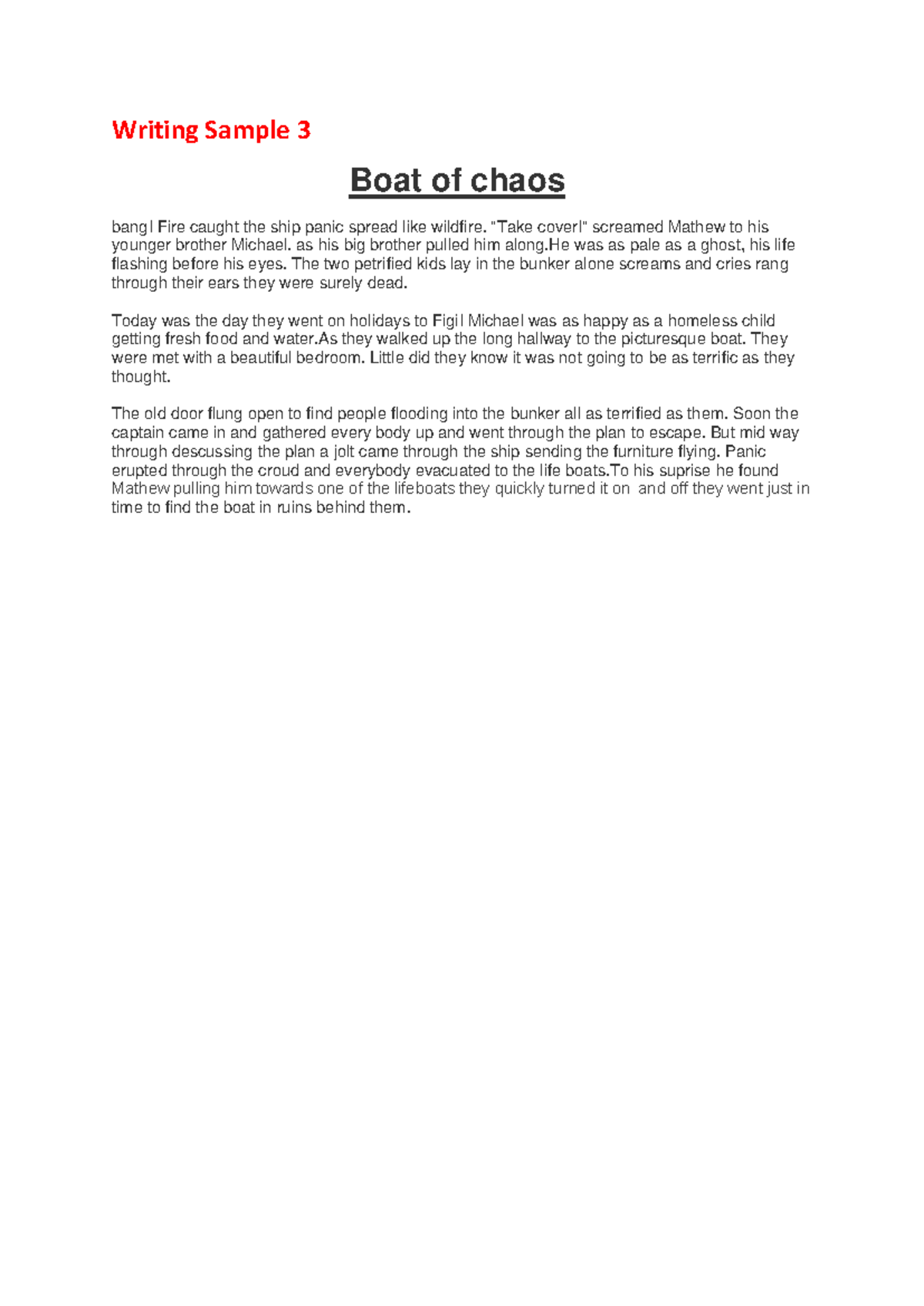Writing Sample 3: Chaos Aboard the Ship - A Literacy Adventure - Studocu