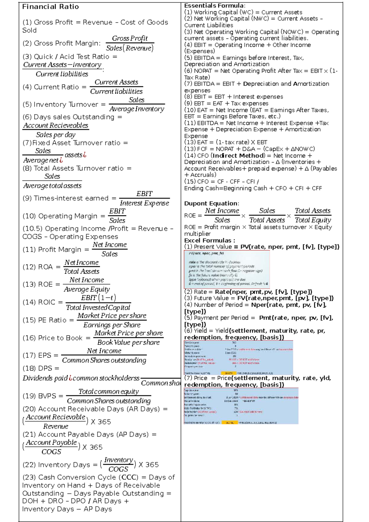 Financial Ratio Cheat Sheet for Exam (Course Code: FINA101) - Studocu
