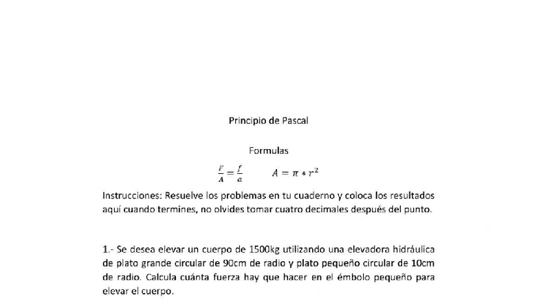 Ejercicios de Principio de Pascal 8 - Formulas y Cálculos - Studocu