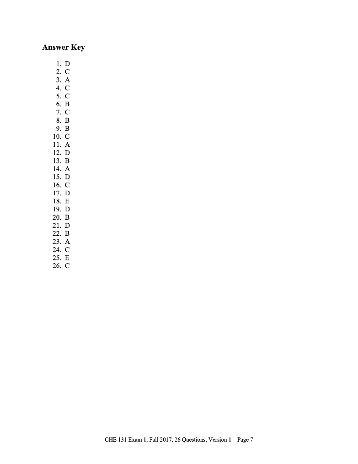 CHE 131 Fall 2017 Exam 1 Answer Key (Version 1) - Studocu