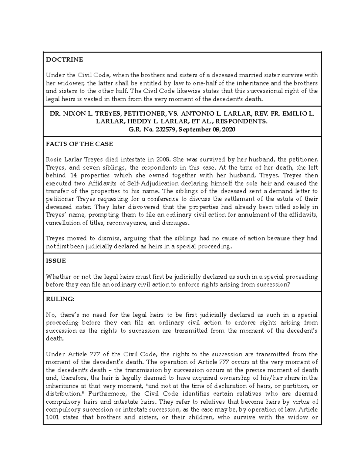Treyes v. Larlar: Inheritance Rights Under Civil Code - G.R. No. 232579 ...