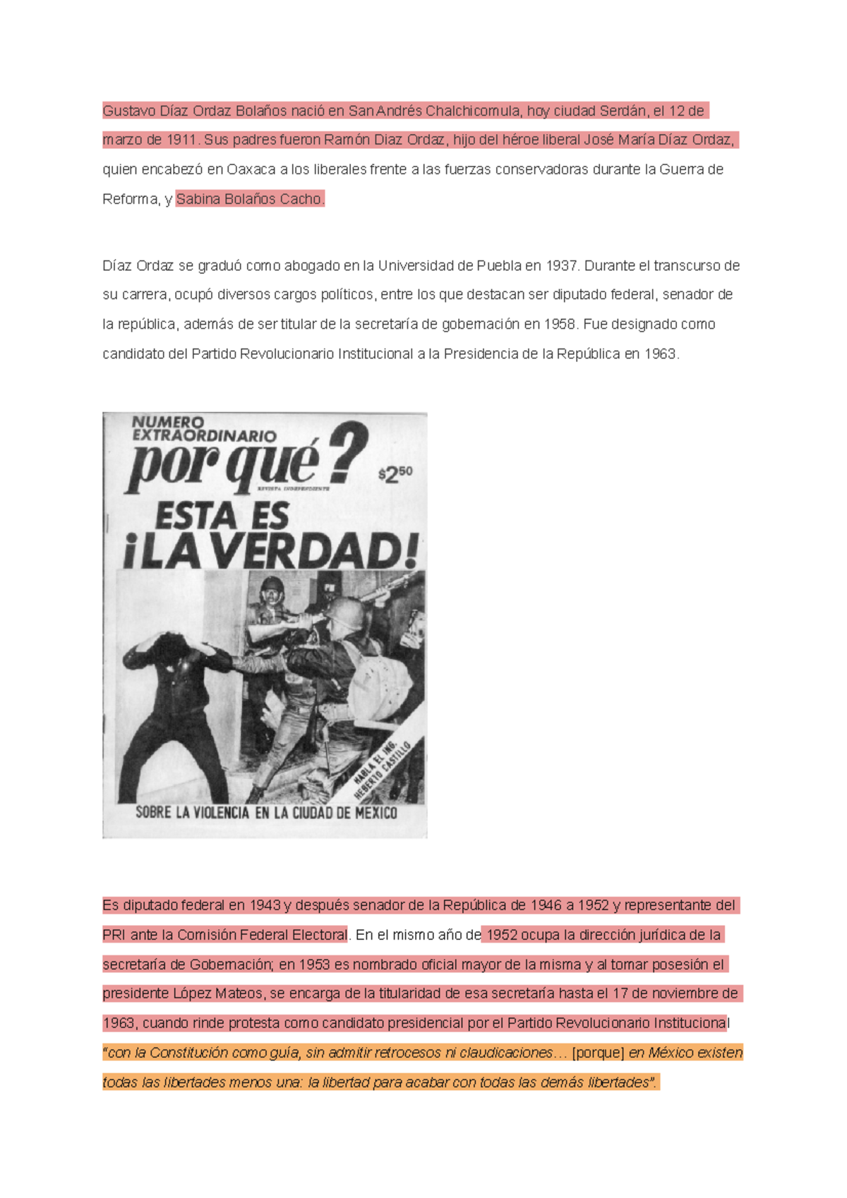 Biografía y Gestión Política de Gustavo Díaz Ordaz (1911-1970) - Studocu