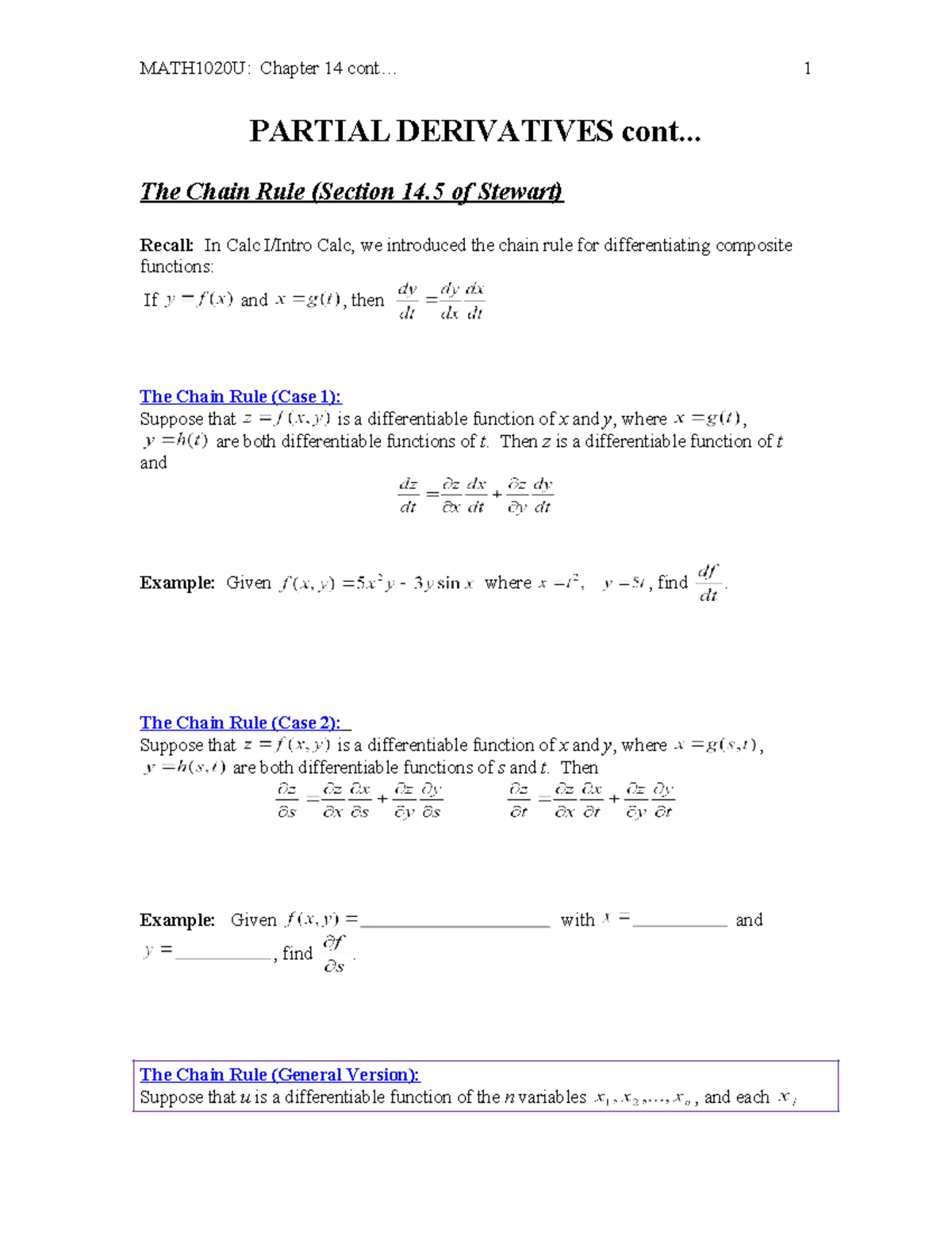 MATH1020U: Chapter 14 - Partial Derivatives & Chain Rule Notes - Studocu