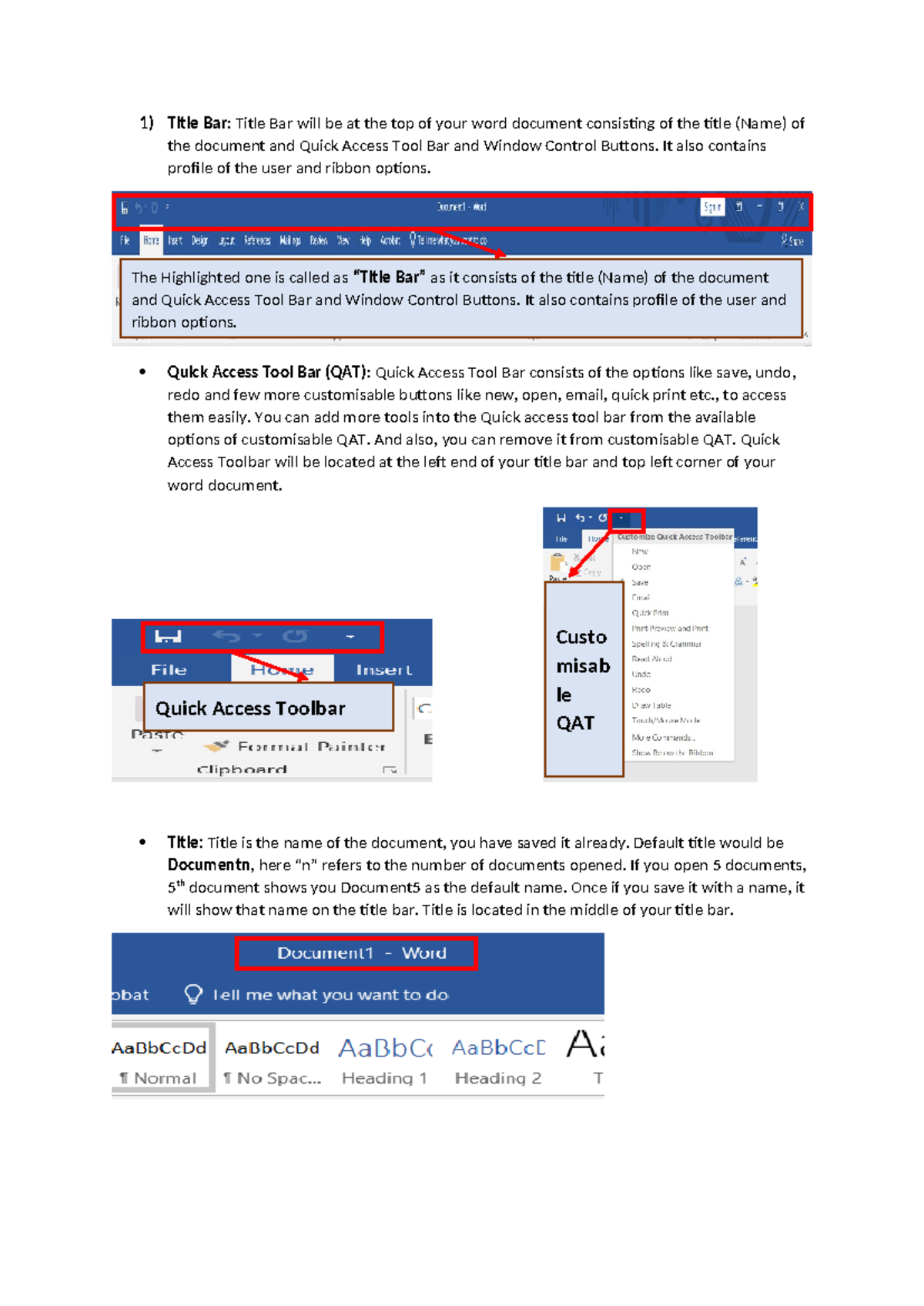 My notes on MS Word - 1) Title Bar: Title Bar will be at the top of ...
