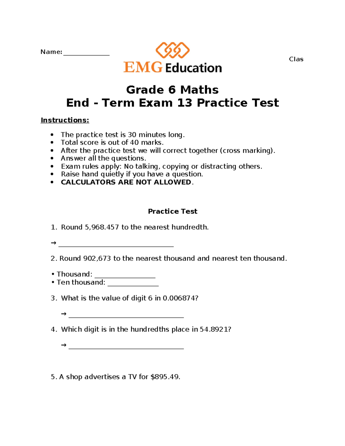 Grade 6 Maths End Term Exam 13 Practice Test Instructions - Studocu