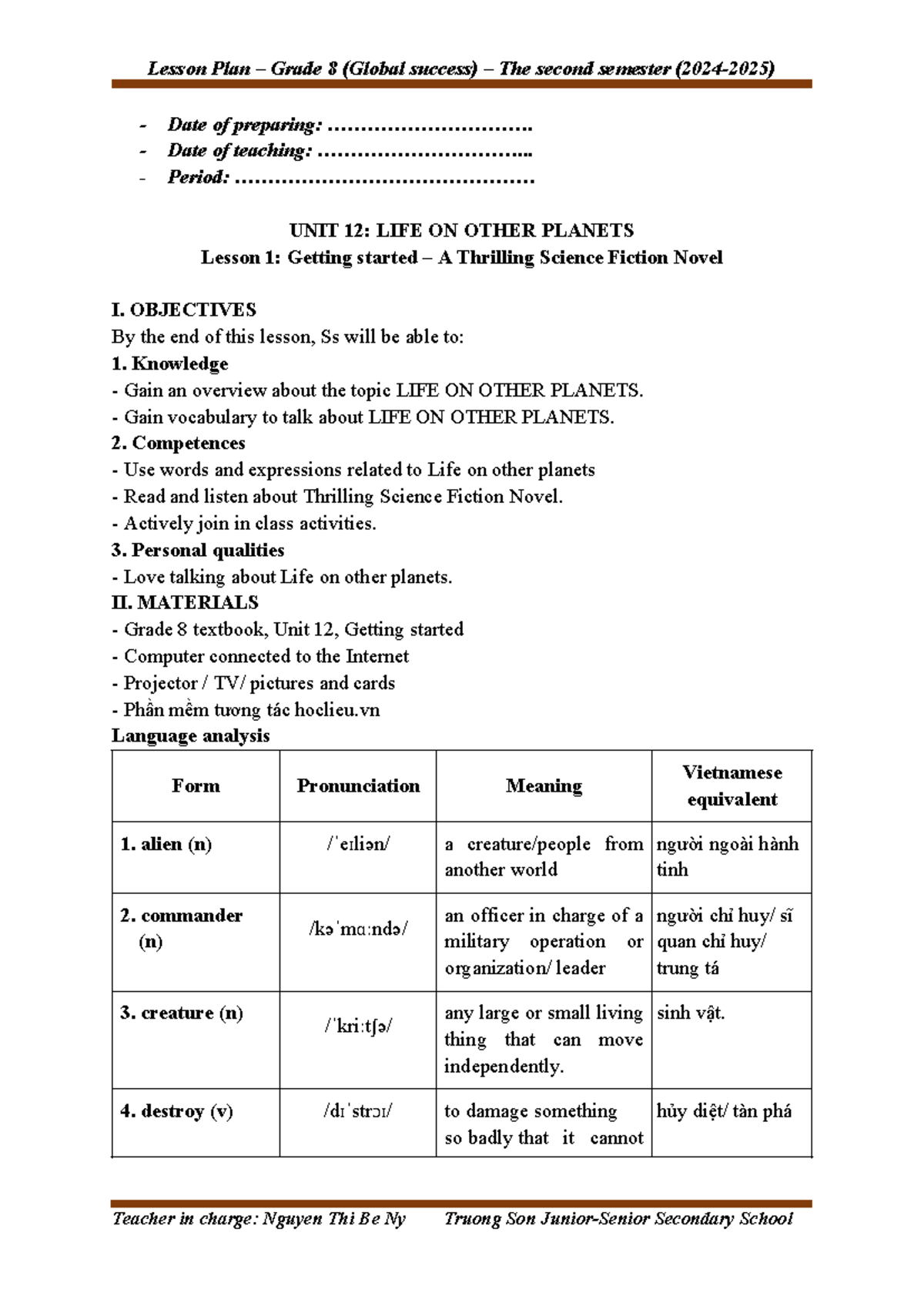 Lesson Plan Grade 8: Unit 12 - Life on Other Planets (Global Success ...
