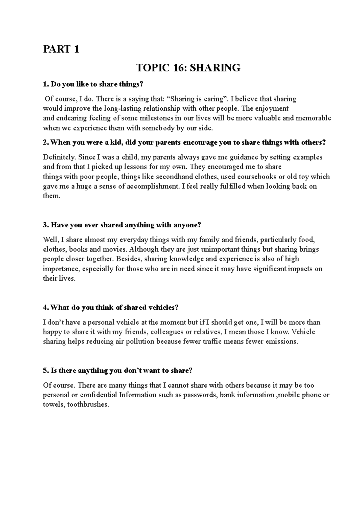 Topic 16 - ielts speaking - PART 1 TOPIC 16: SHARING 1. Do you like to ...