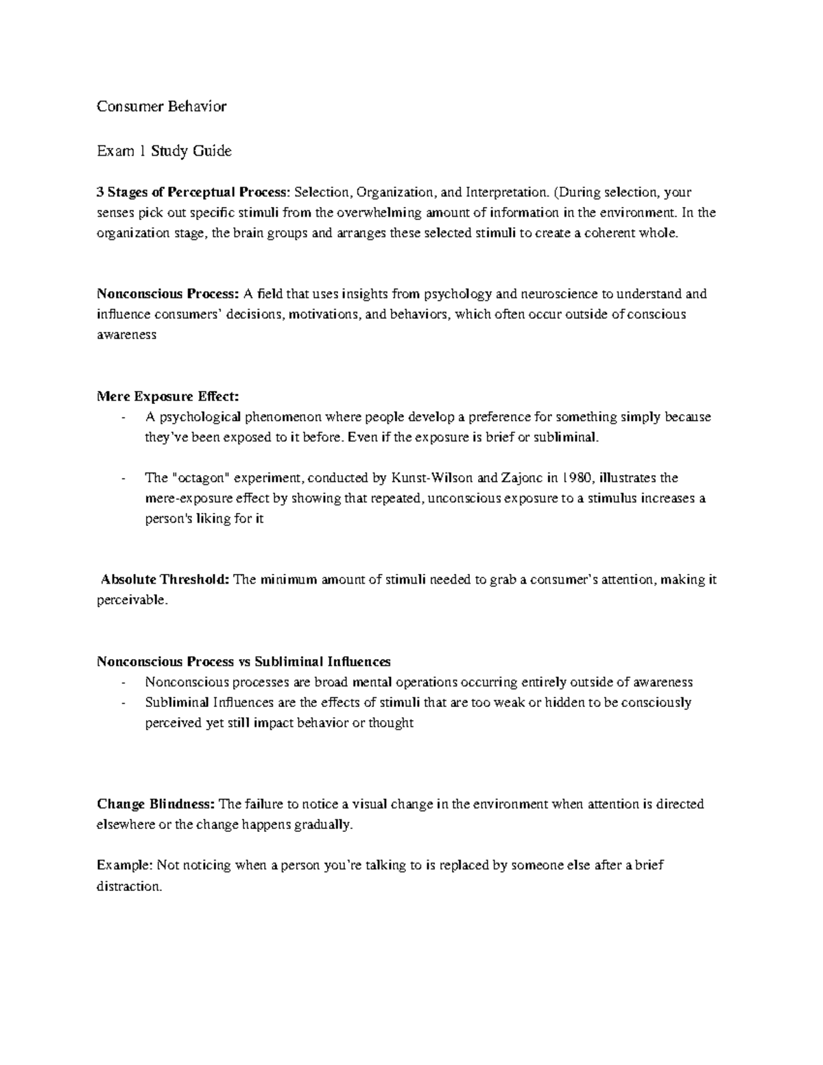 Consumer Behavior Exam 1 Study Guide: Perceptual Process & Key Concepts ...