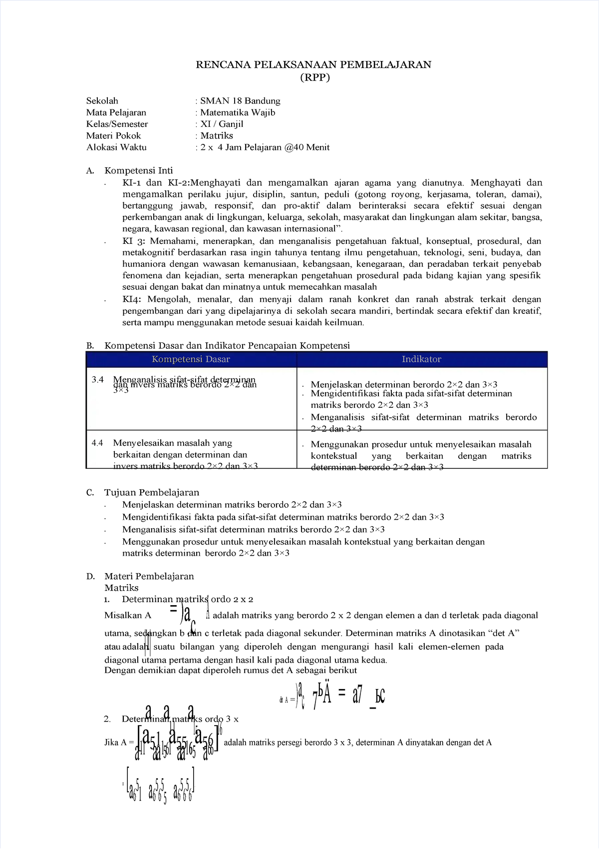RPP Matematika XI: Determinan Matriks Ordo 2x2 dan 3x3 - Studocu