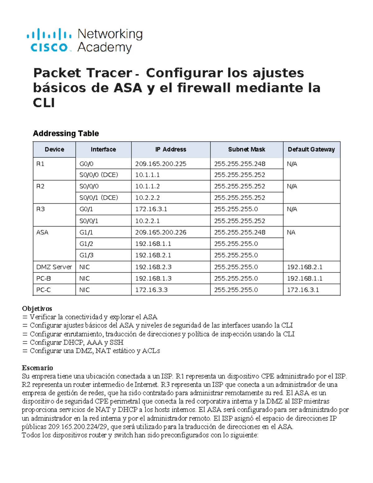 21.7.5 - Configuración Básica de ASA y Firewall con CLI en Packet ...