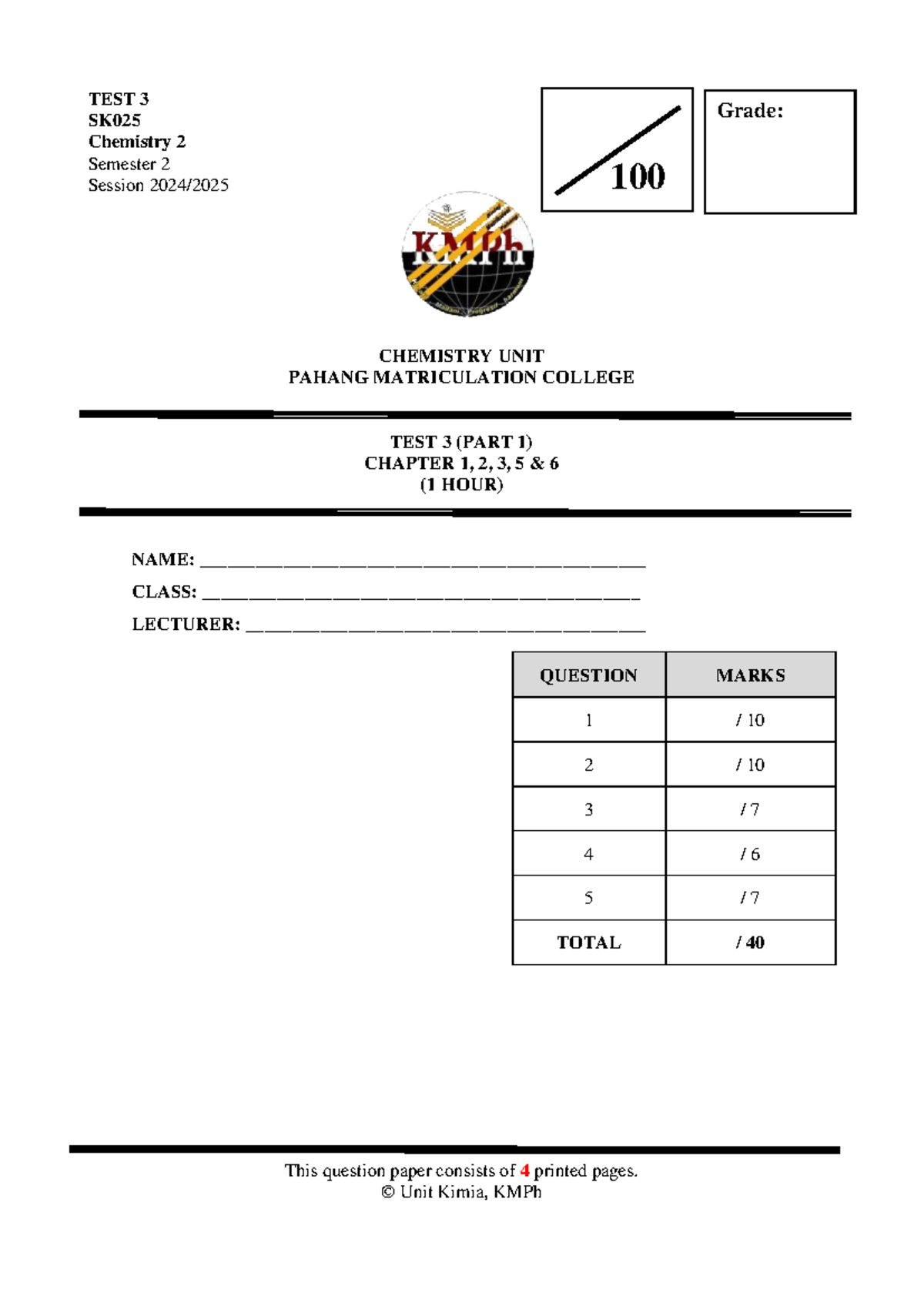 TEST 3 SK025 Chemistry 2 Semester 2 Q&A - Chapters 1, 2, 3, 5, 6 - Studocu