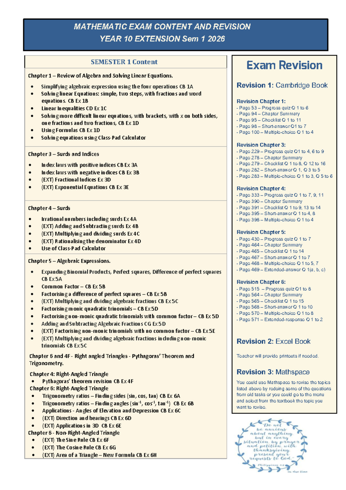 Year 10 Extension Math Exam Content and Revision - Studocu