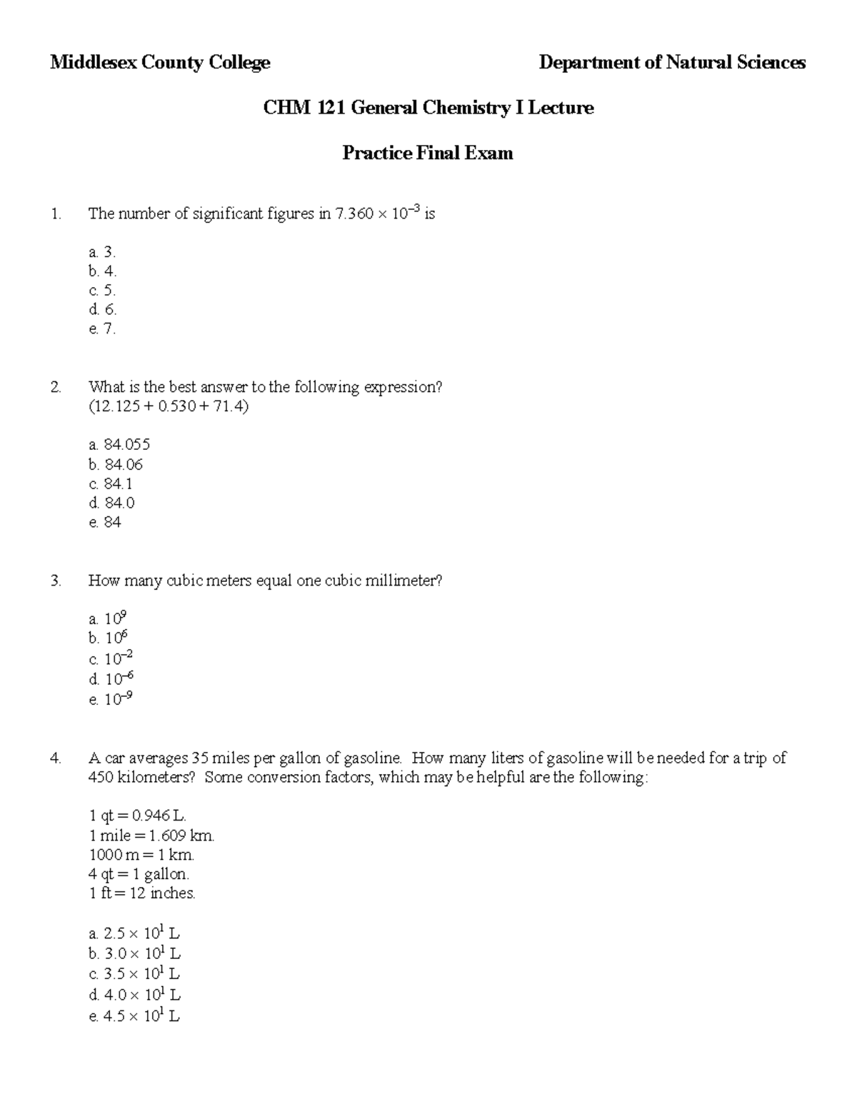 CHM 121 Practice Final Exam Prep for General Chemistry I Students - Studocu