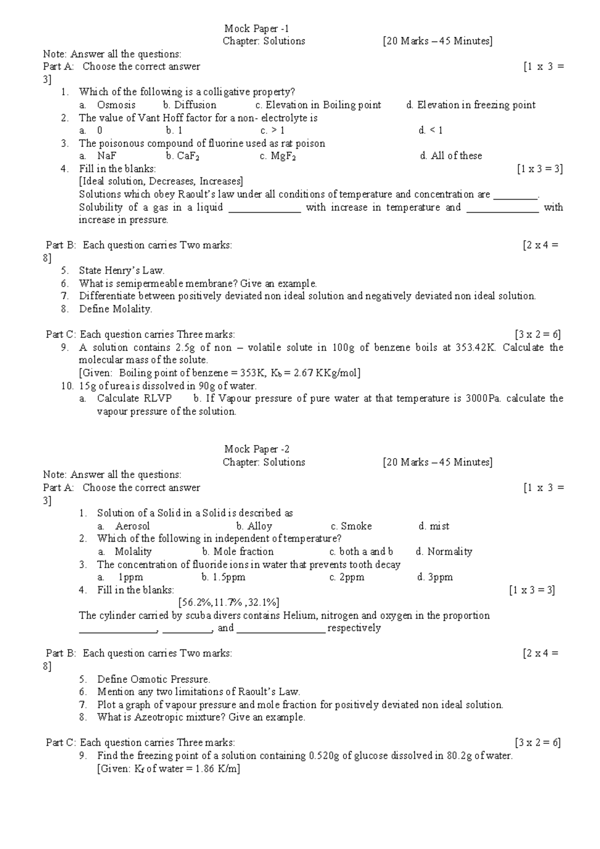 Mock Paper CH: Solutions (Marks: 45) - Answer Key & Solutions - Studocu