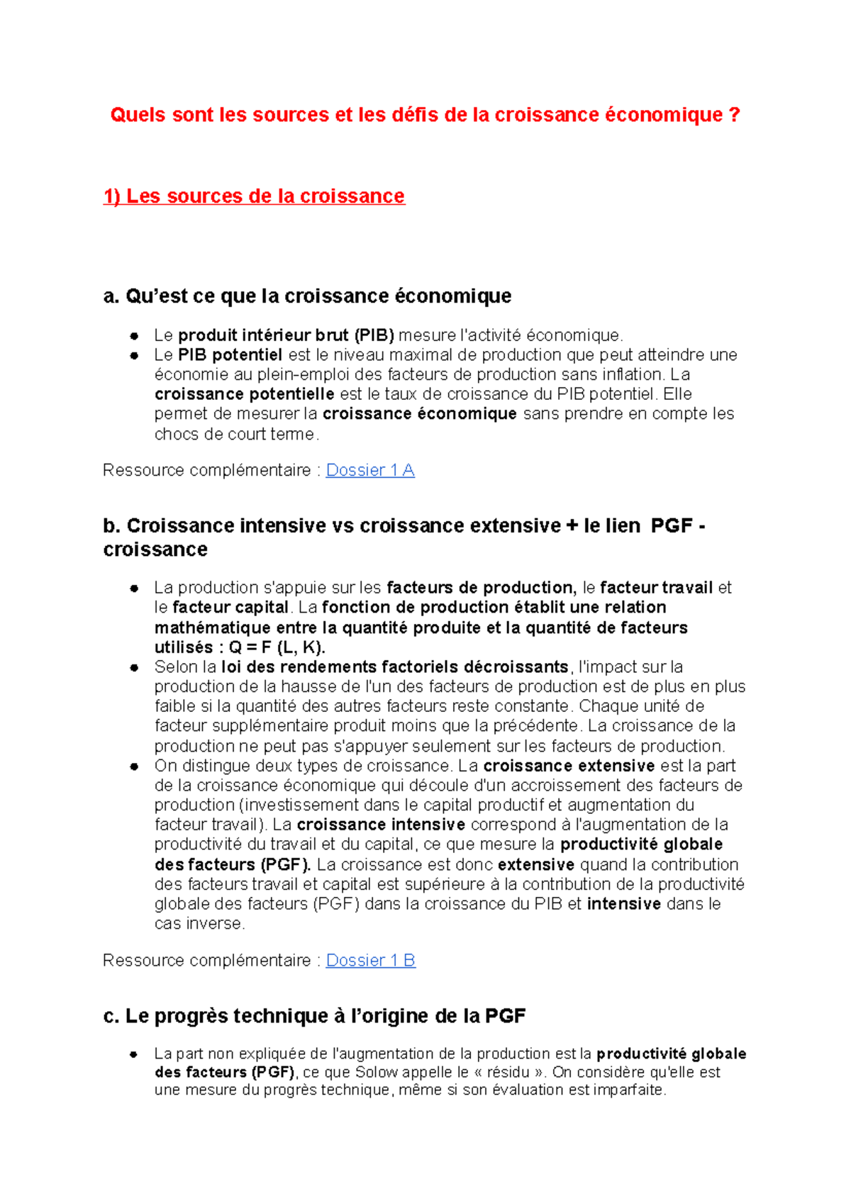Chapitre 1 : Sources et Défis de la Croissance Économique - Studocu
