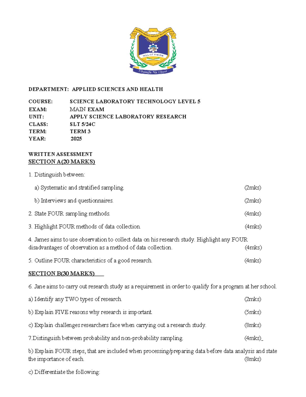 SLT 24C: Level 5 Science Laboratory Technology Main Exam 2025 - Studocu