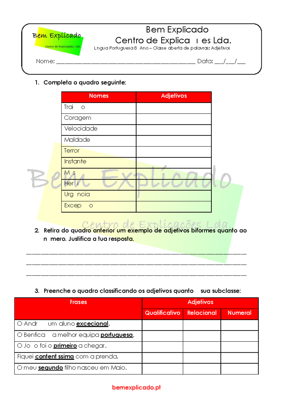 Ficha De Trabalho Adjetivos 8 Ano Bem Explicado Studocu
