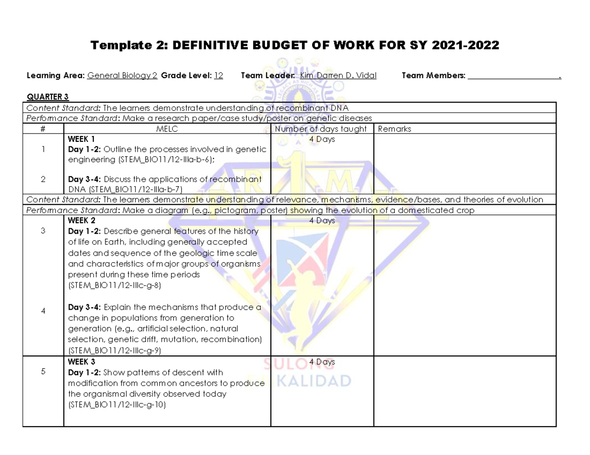 DBOW-Genbio-2 - Definitive Budget of Work for SY 2021-2022 - Studocu