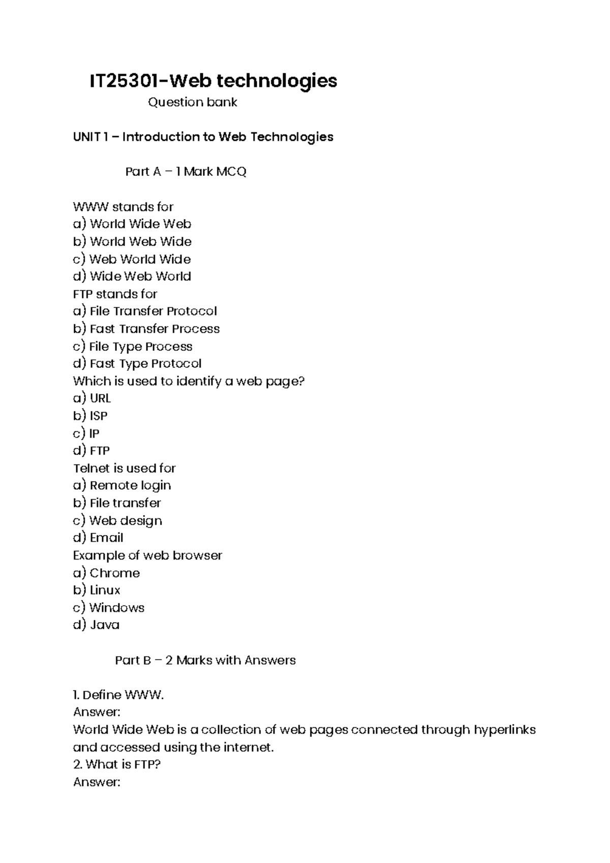 IT25301 - Web Technologies Question Bank: Units 1-7 MCQs & Answers ...