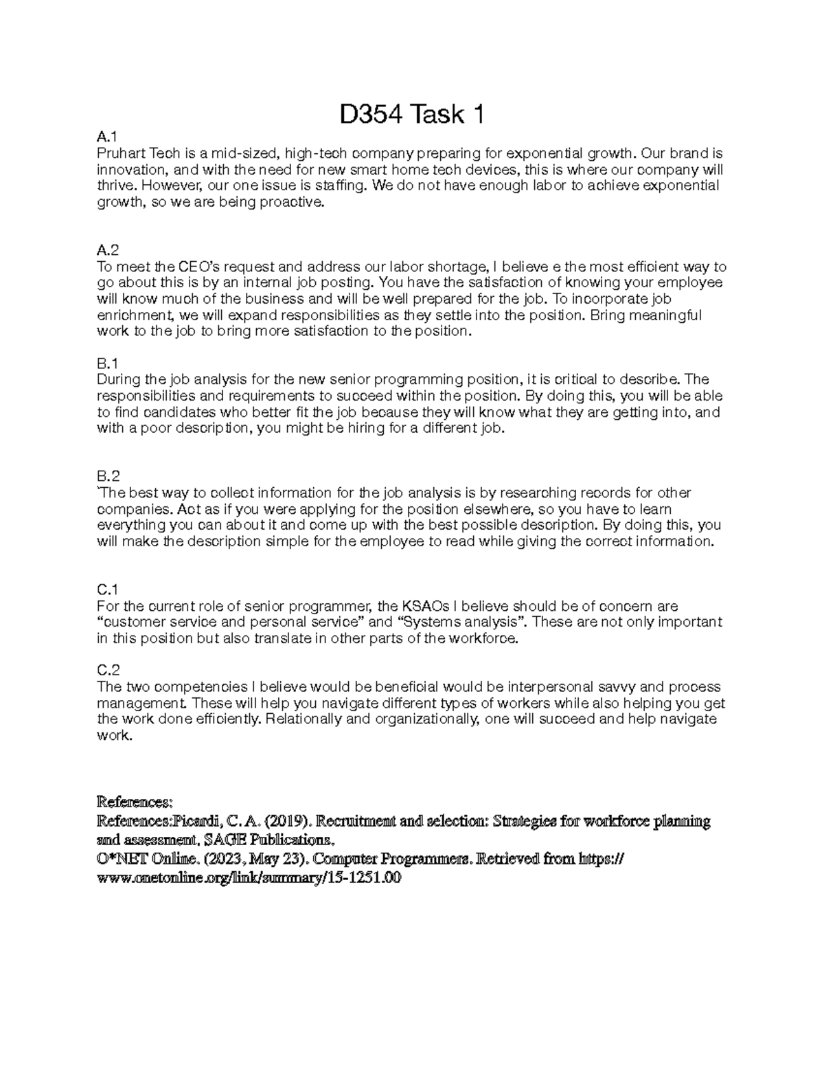 D354 Task 1: Strategies for Addressing Labor Shortages at Pruhart Tech ...