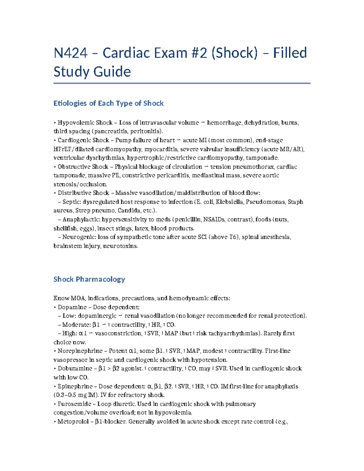N424 Cardiac Exam 2 Shock Study Guide: Etiologies & Pharmacology - Studocu