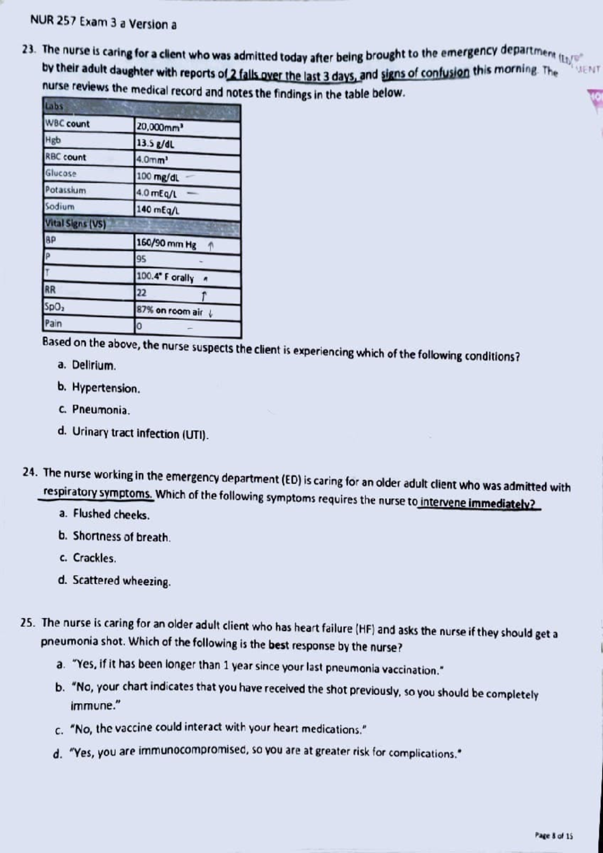 NUR 257 Exam 3 Practice Questions and Review Guide - Studocu