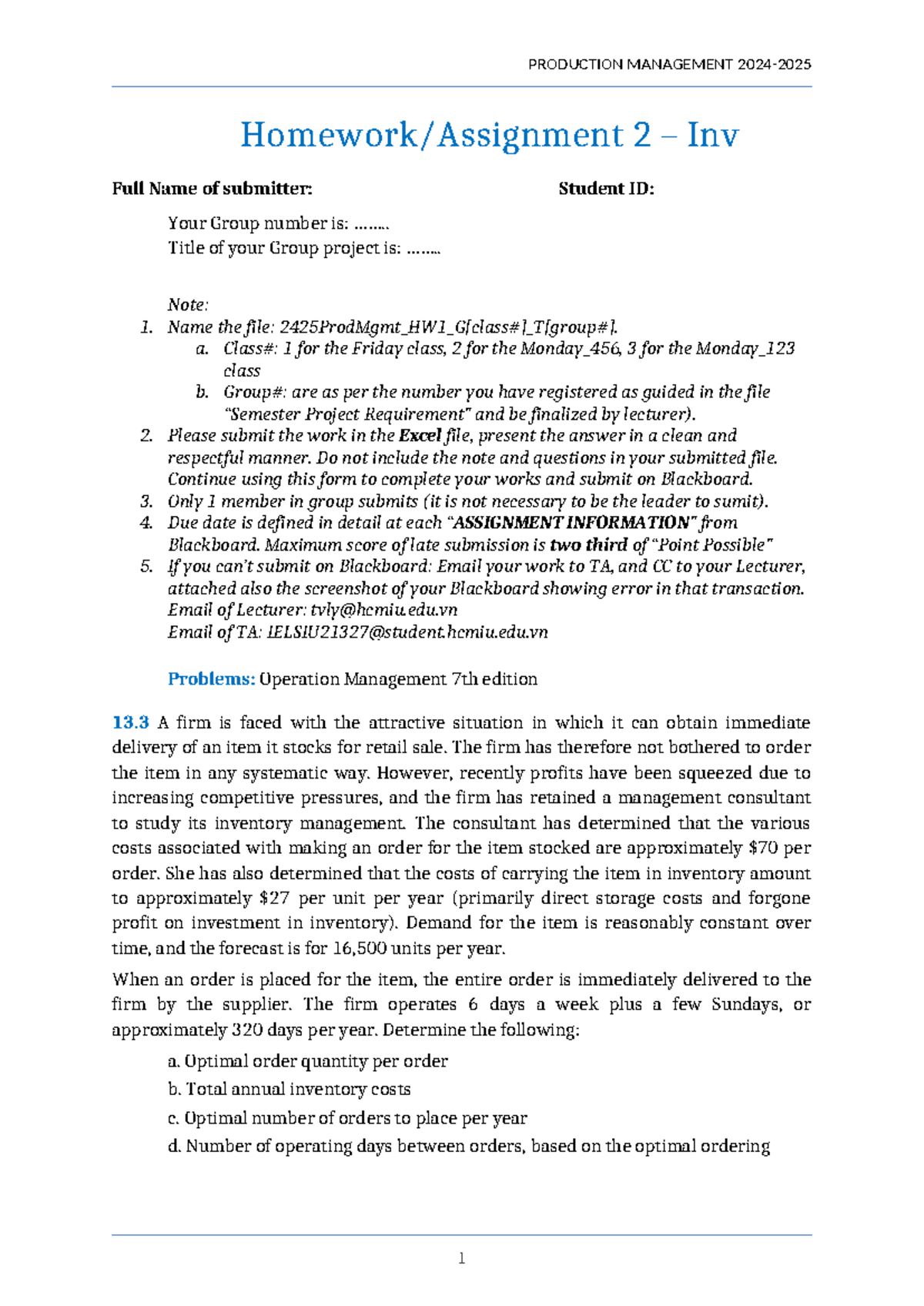 2425Prod Mgmt HW2 G# T# - Inventory Management Analysis and Solutions ...