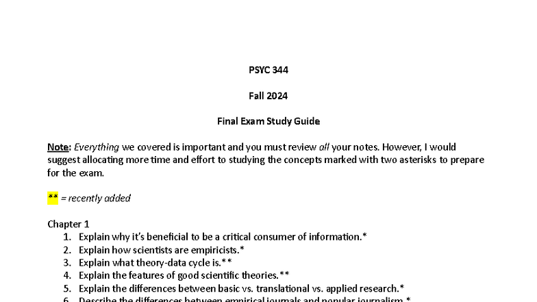 PSYC 344 Fall 2024 Final Exam Study Guide: Key Concepts and Topics ...