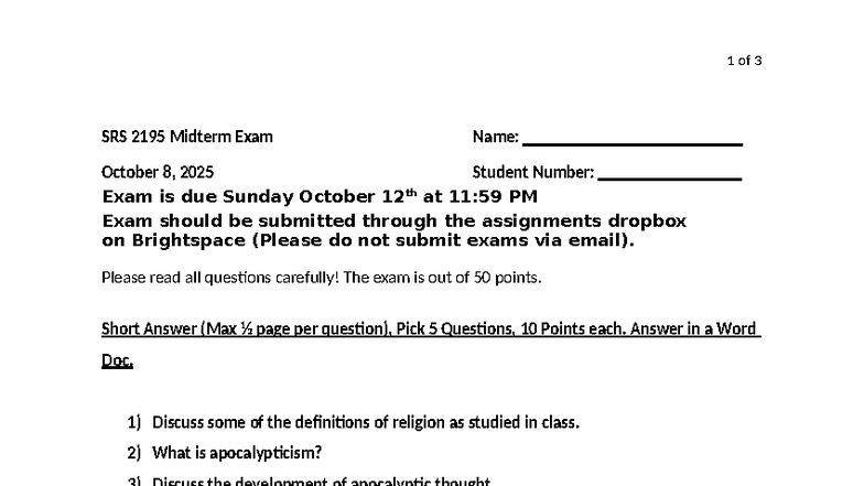 SRS 2195 Midterm Exam Guidelines & Questions - Fall 2025 - Studocu